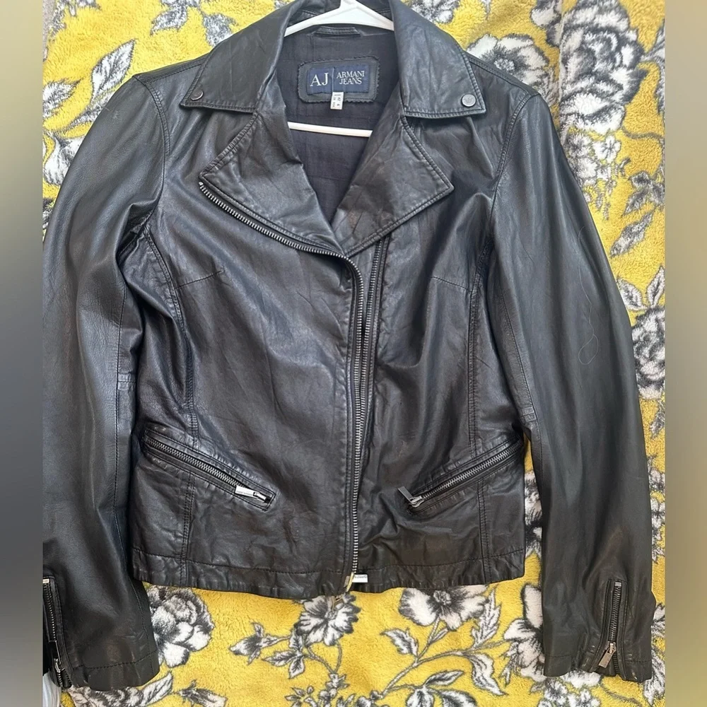 Armani Jeans Black Leather Motorcycle Jacket, Women's Size 6 - Picture 12 of 16